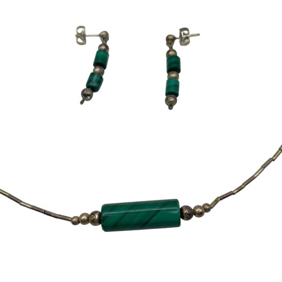 Sterling Liquid Silver Malachite Bead Necklace Dangle Earrings Set Vintage 15" - Picture 3 of 7